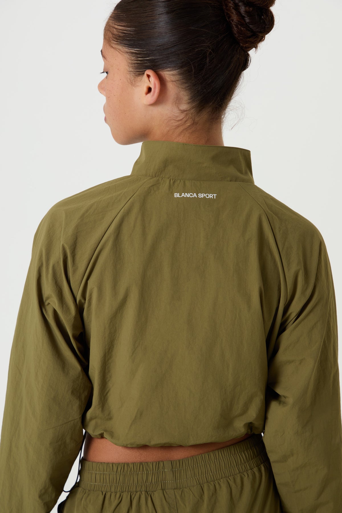 Nylon Half Zip Cropped Windbreaker, Dark Olive - Older Girls