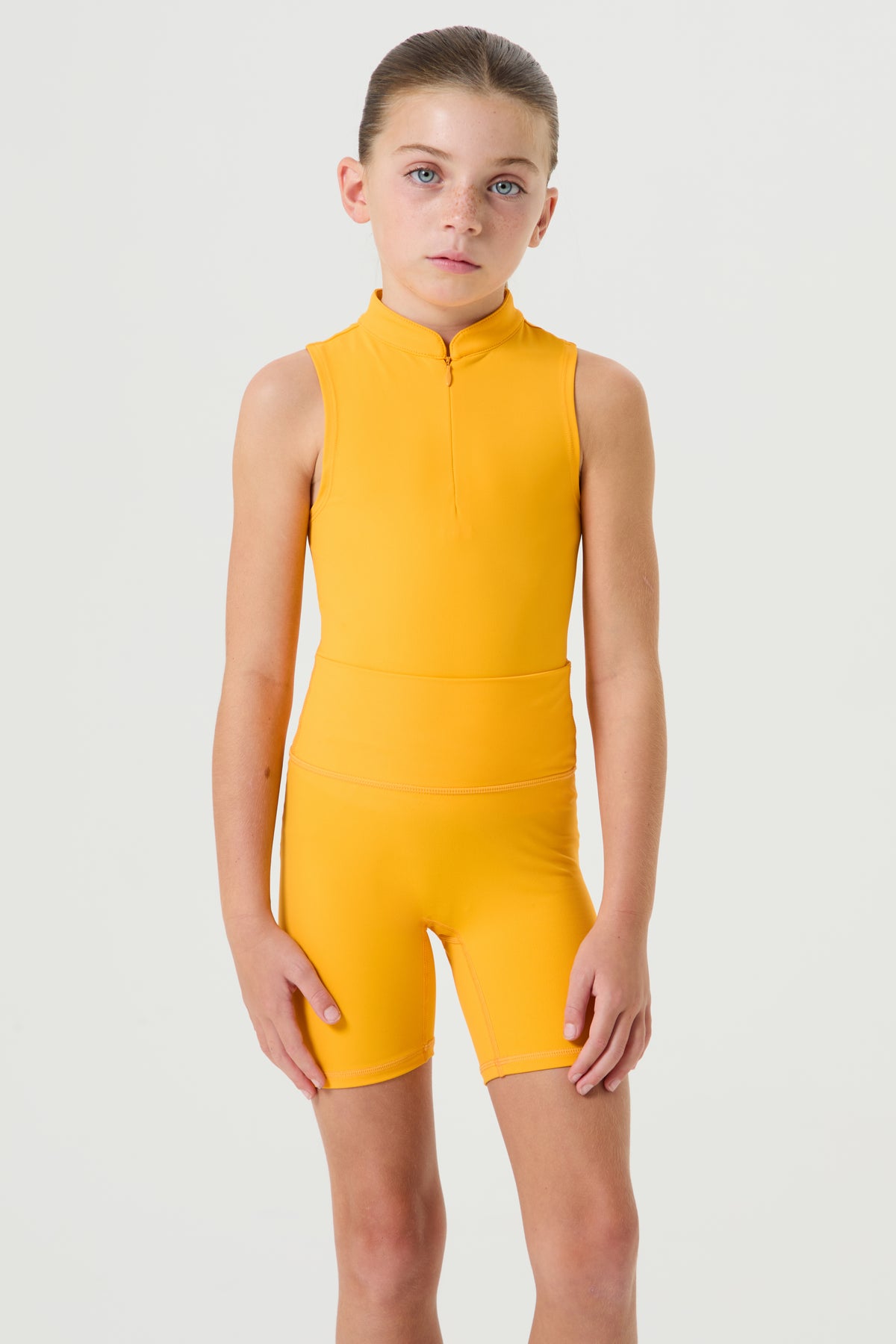 Quater Zip Cycling Shorts Set- Tangerine - Younger Girls