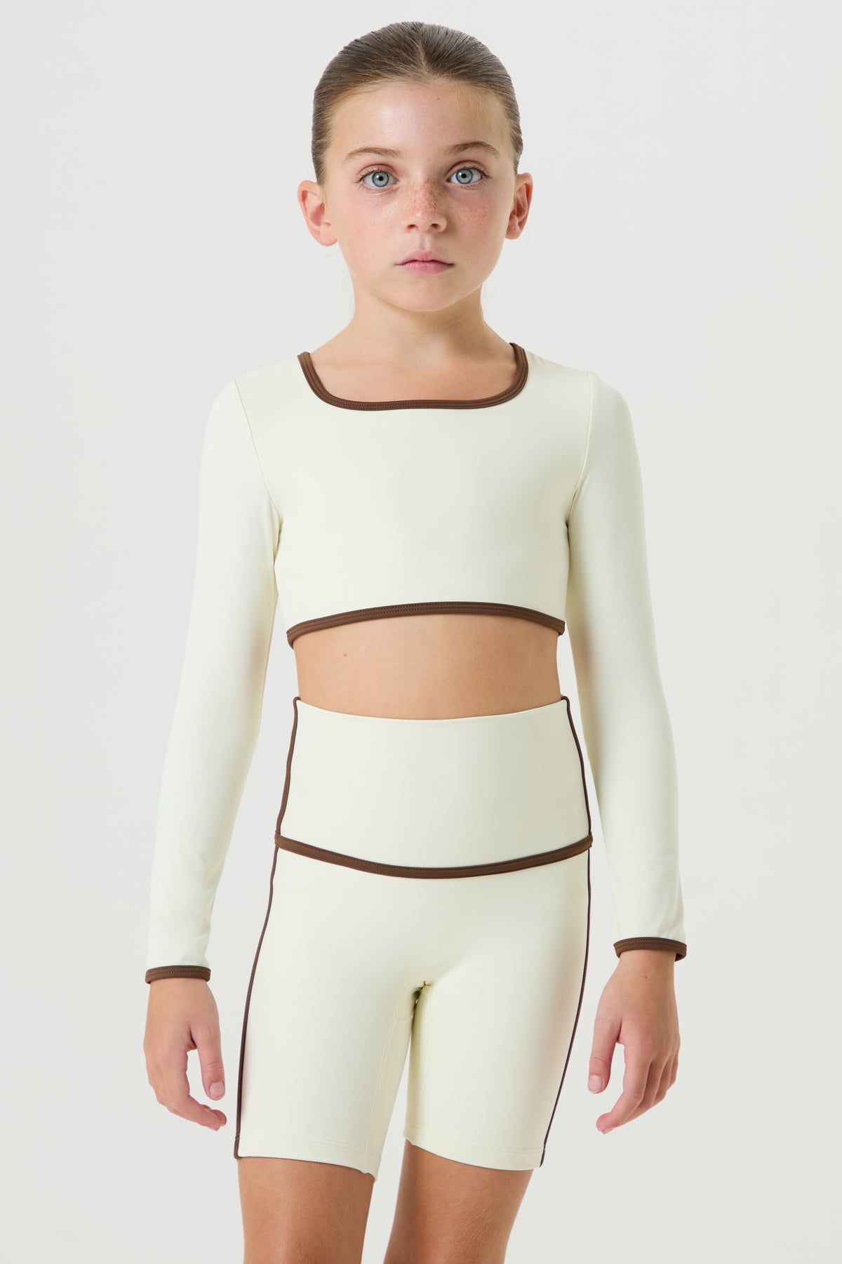 Active Cycling Shorts Set with Piping- Cream,Brown - Younger Girls