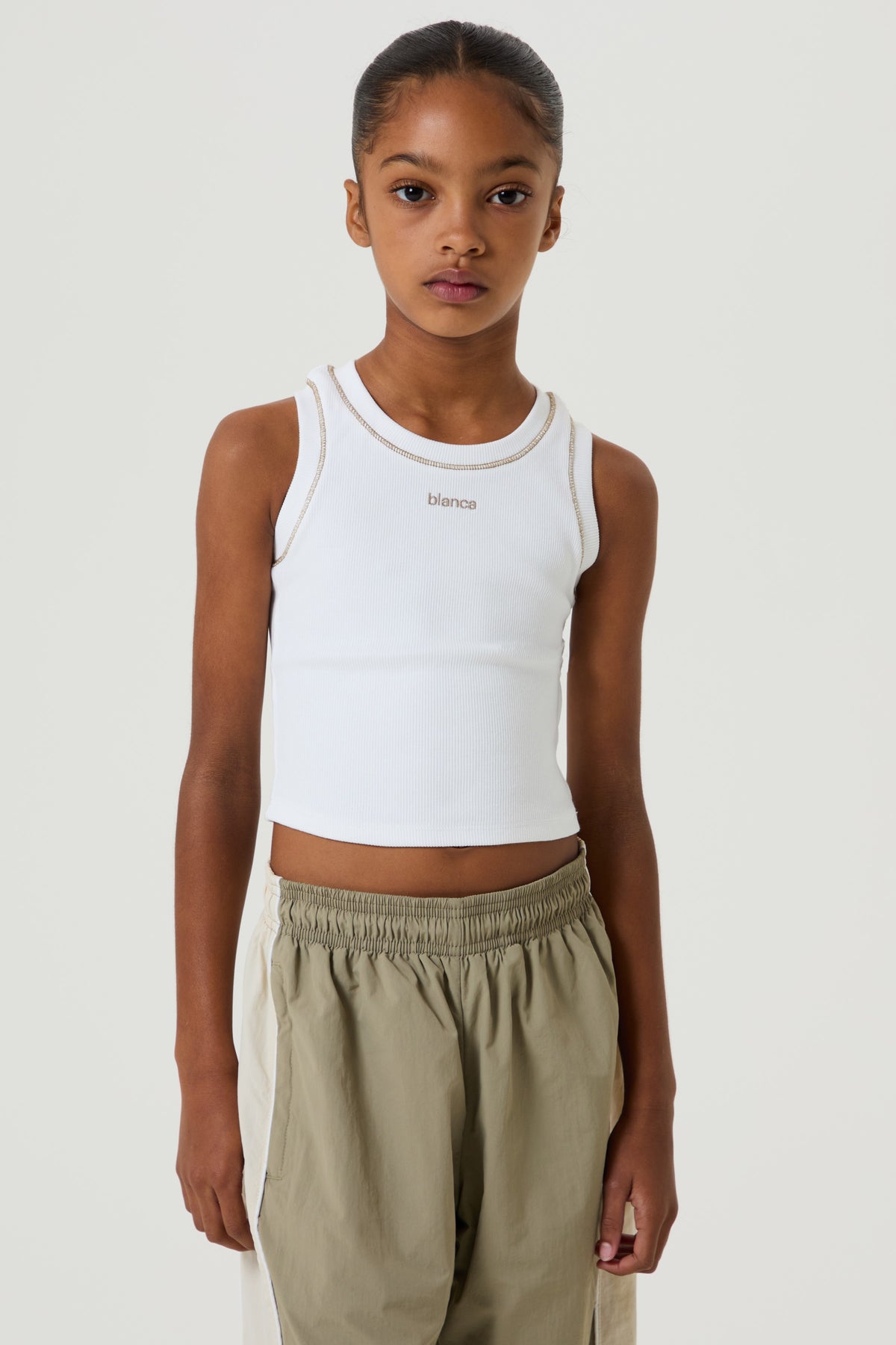 White Ribbed Vest- Mocha - Younger Girls