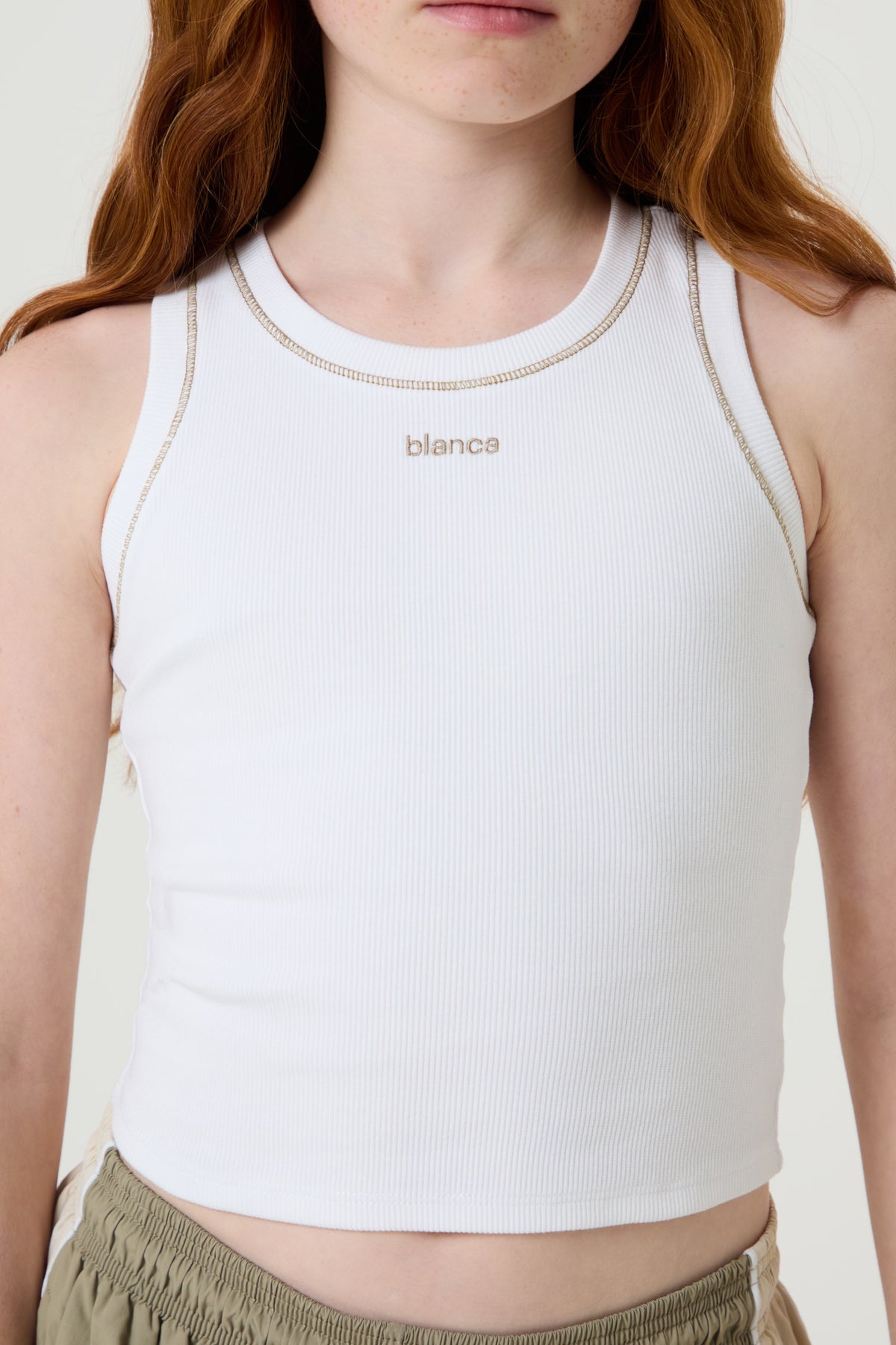White Ribbed Vest- Mocha - Older Girls
