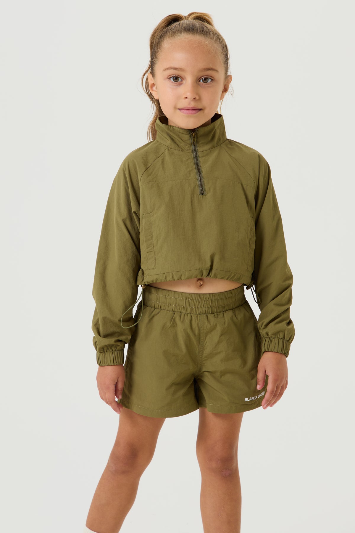 Nylon Half Zip Cropped Windbreaker, Dark Olive - Younger Girls