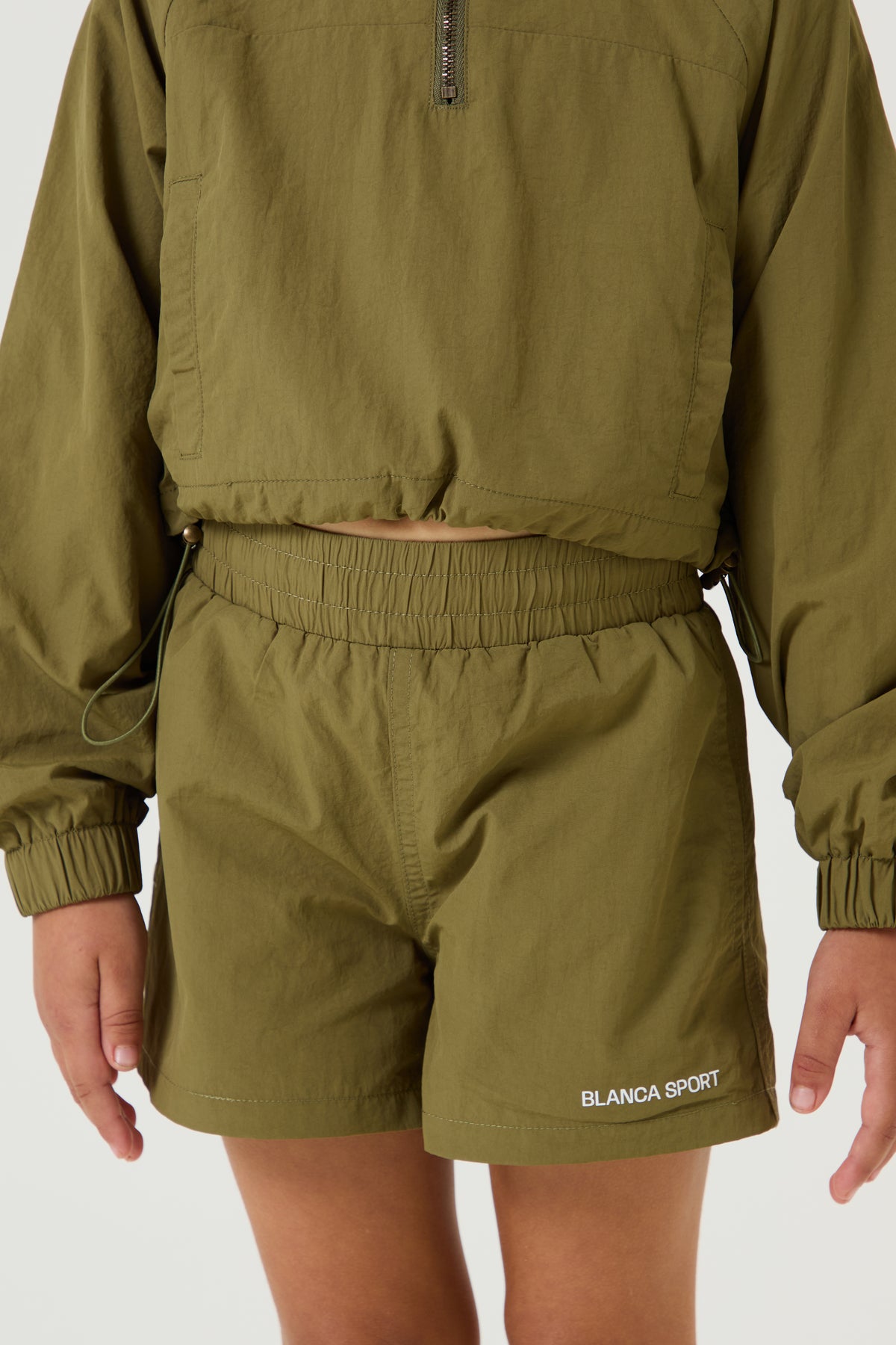 Nylon Half Zip Cropped Windbreaker, Dark Olive - Younger Girls