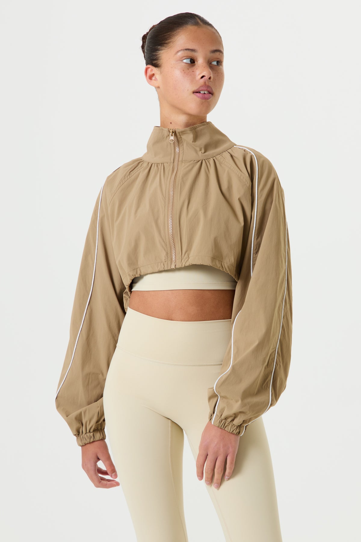 Cropped Windbreaker with Piping- Mocha - Older Girls
