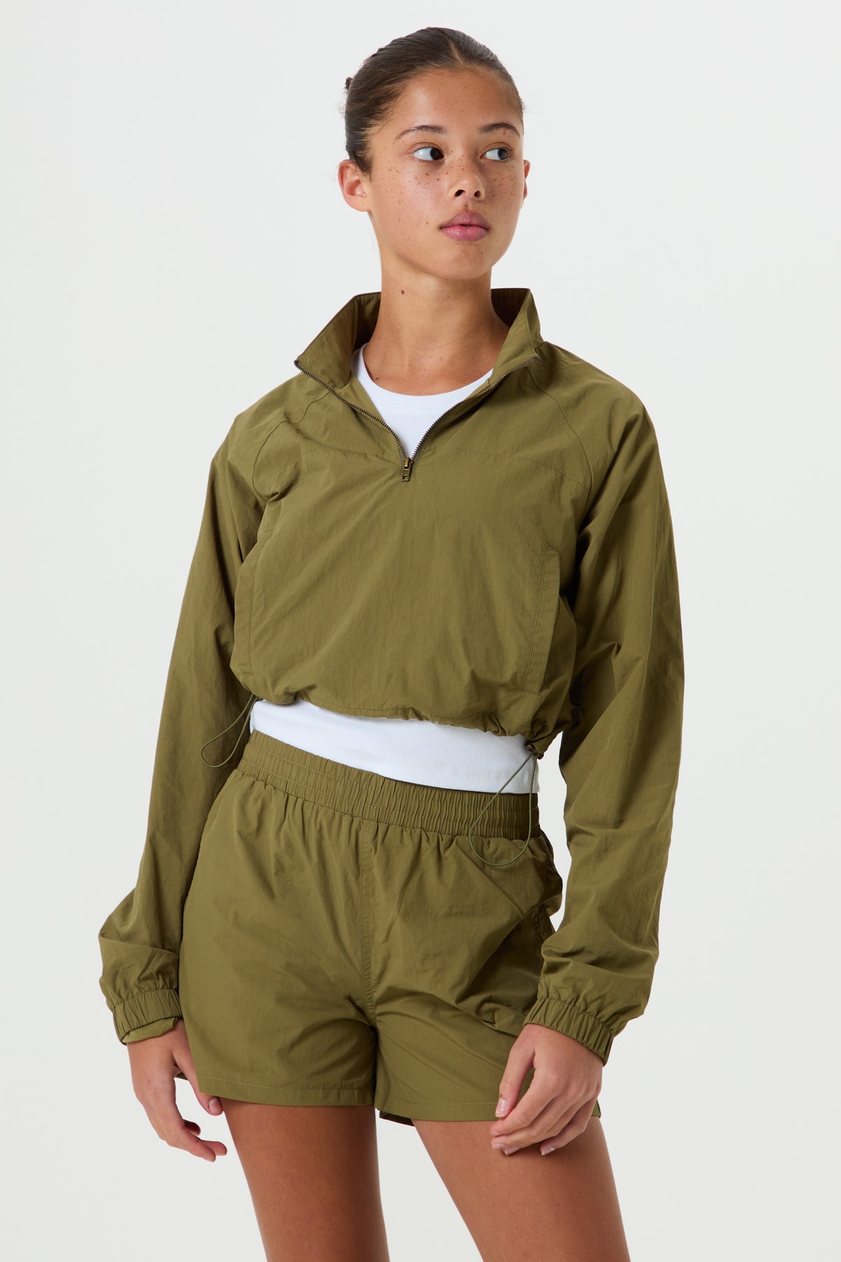 Nylon Half Zip Cropped Windbreaker, Dark Olive - Older Girls