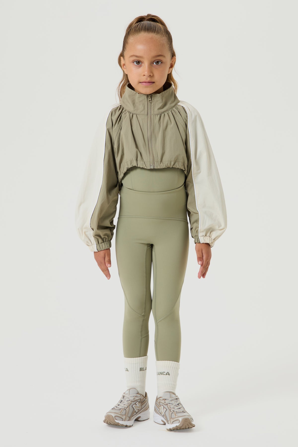 Cropped Windbreaker with Piping- Khaki/Light Beige - Younger Girls