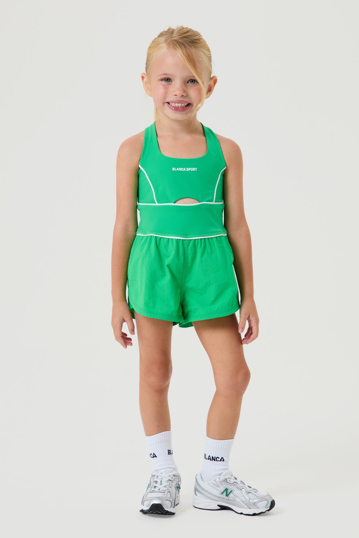 Active Unitard Piping- Bottle Green, White - Younger Girls