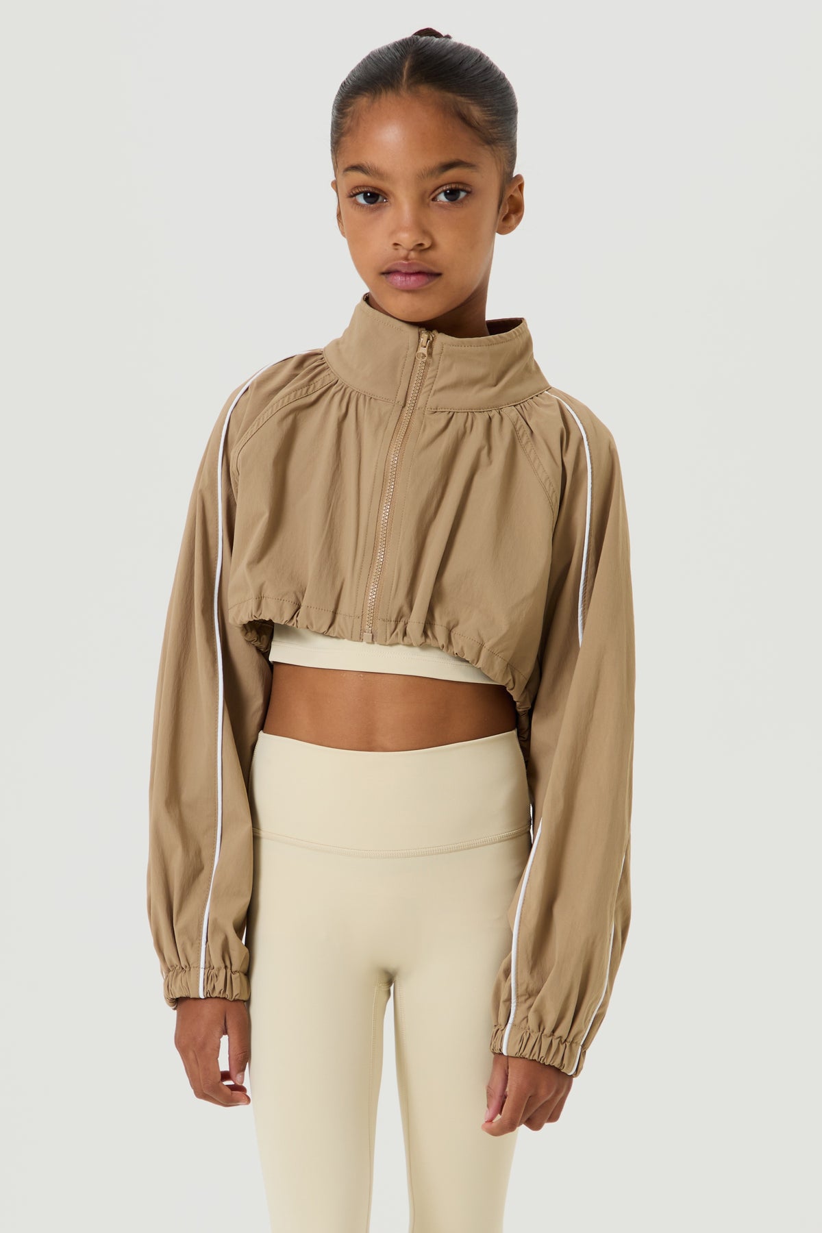 Cropped Windbreaker with Piping- Mocha - Younger Girls