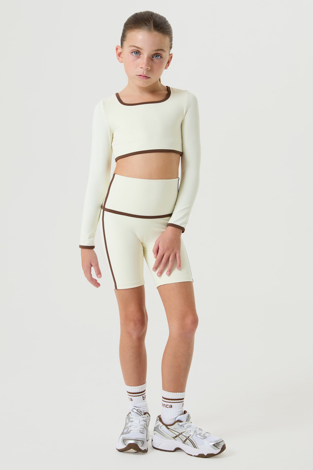 Active Cycling Shorts Set with Piping- Cream,Brown - Younger Girls
