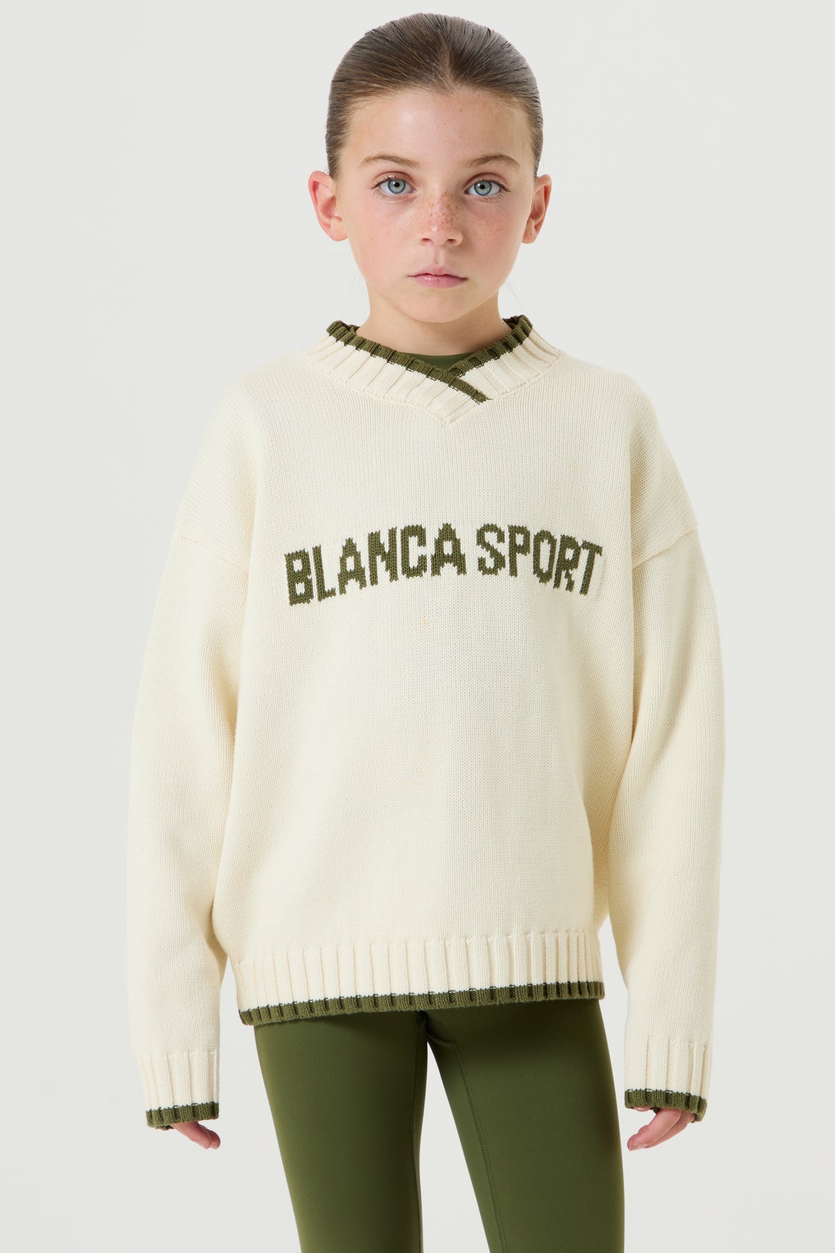 Oversized Knit V Neck Sweatshirt- Cream, Moss Green - Younger Girls