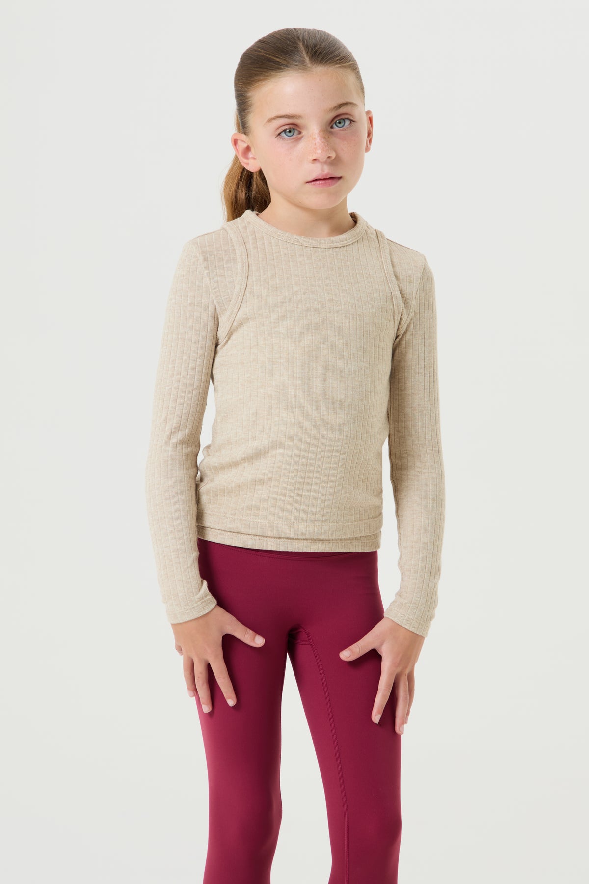 Double Layer Soft Ribbed Top- Light Beige - Younger Girls