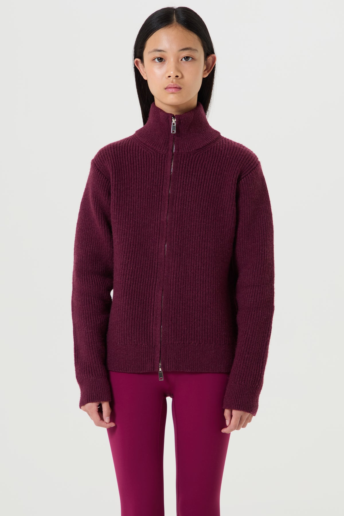 Full Zip Funnel Neck Knit Jacket- Plum - Older Girls