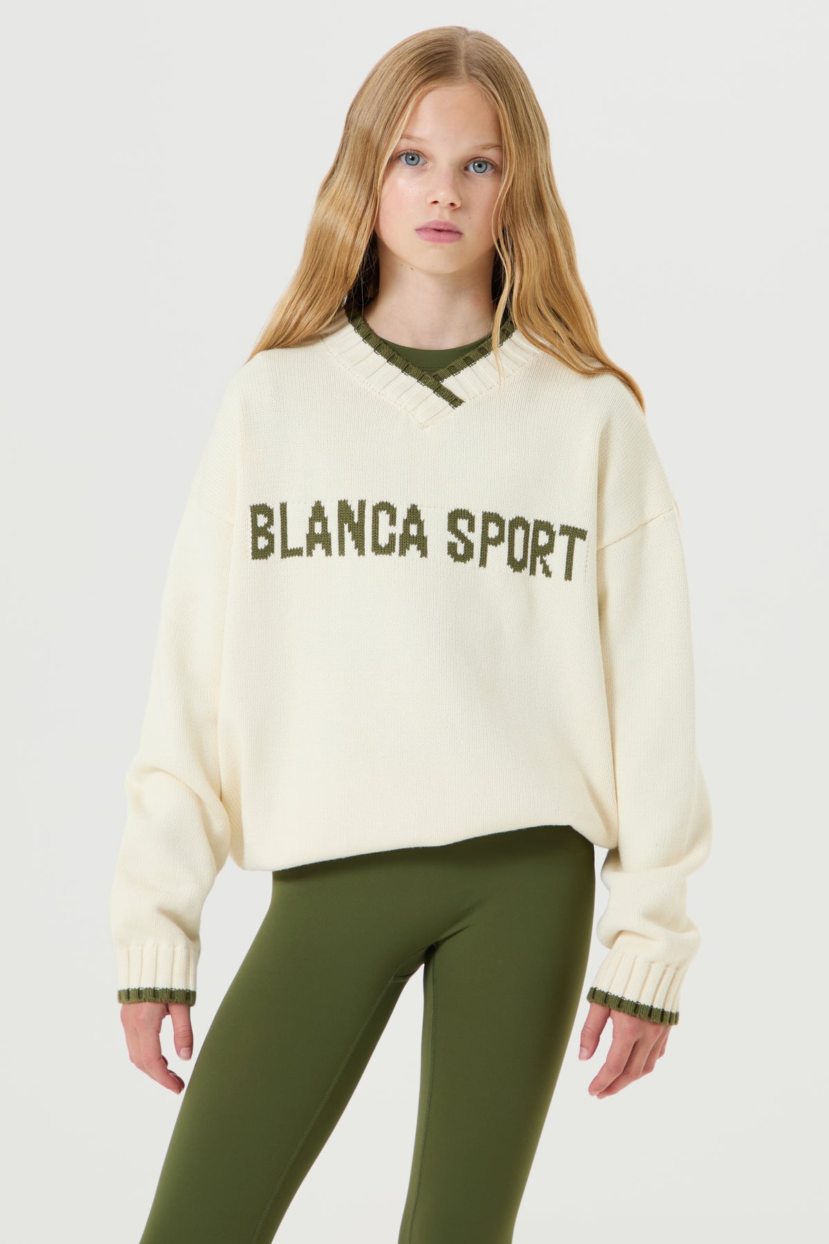 Oversized Knit V Neck Sweatshirt- Cream, Moss Green - Older Girls