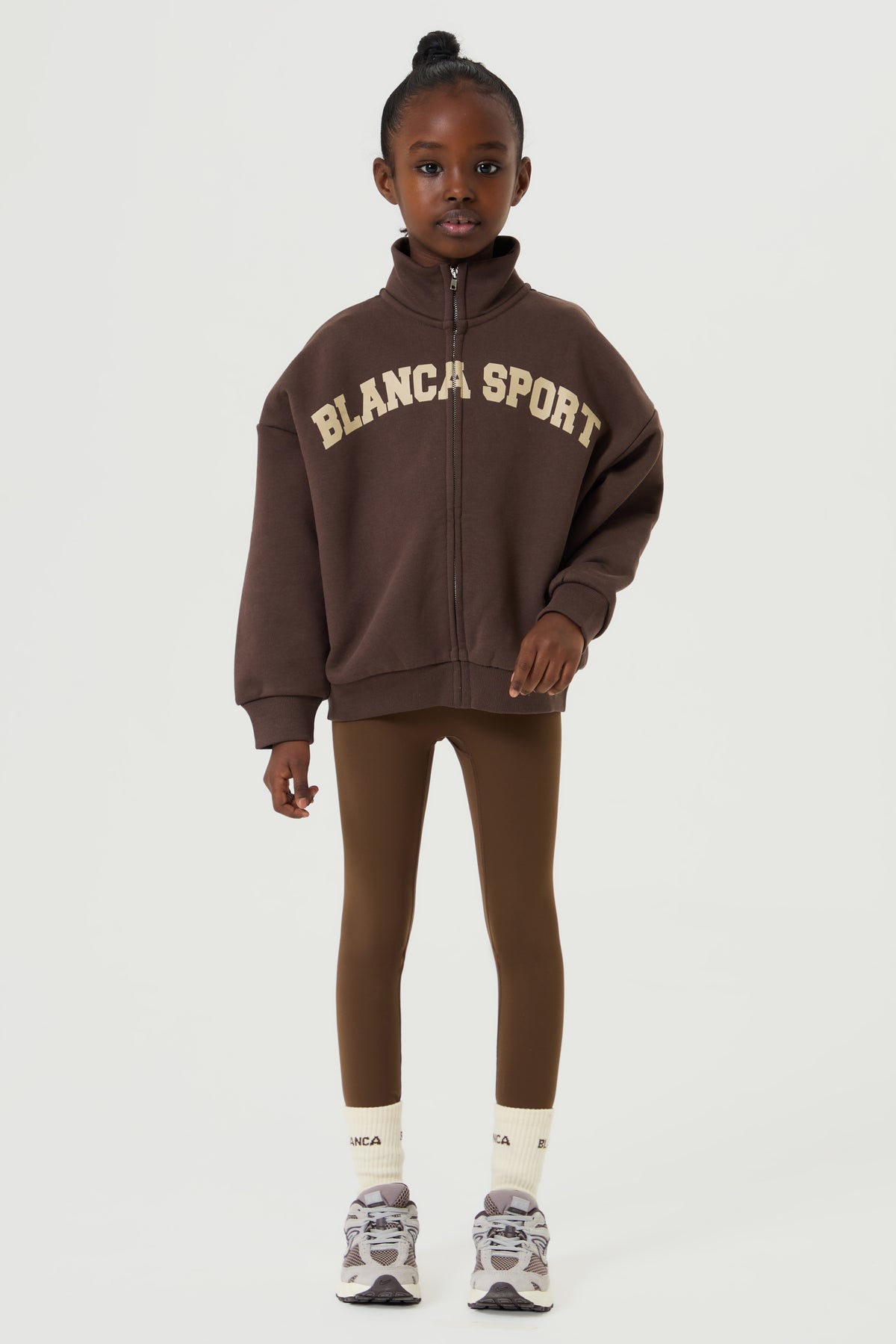 Oversized Full Zip Funnel Neck Sweatshirt- Chocolate Brown - Younger Girls