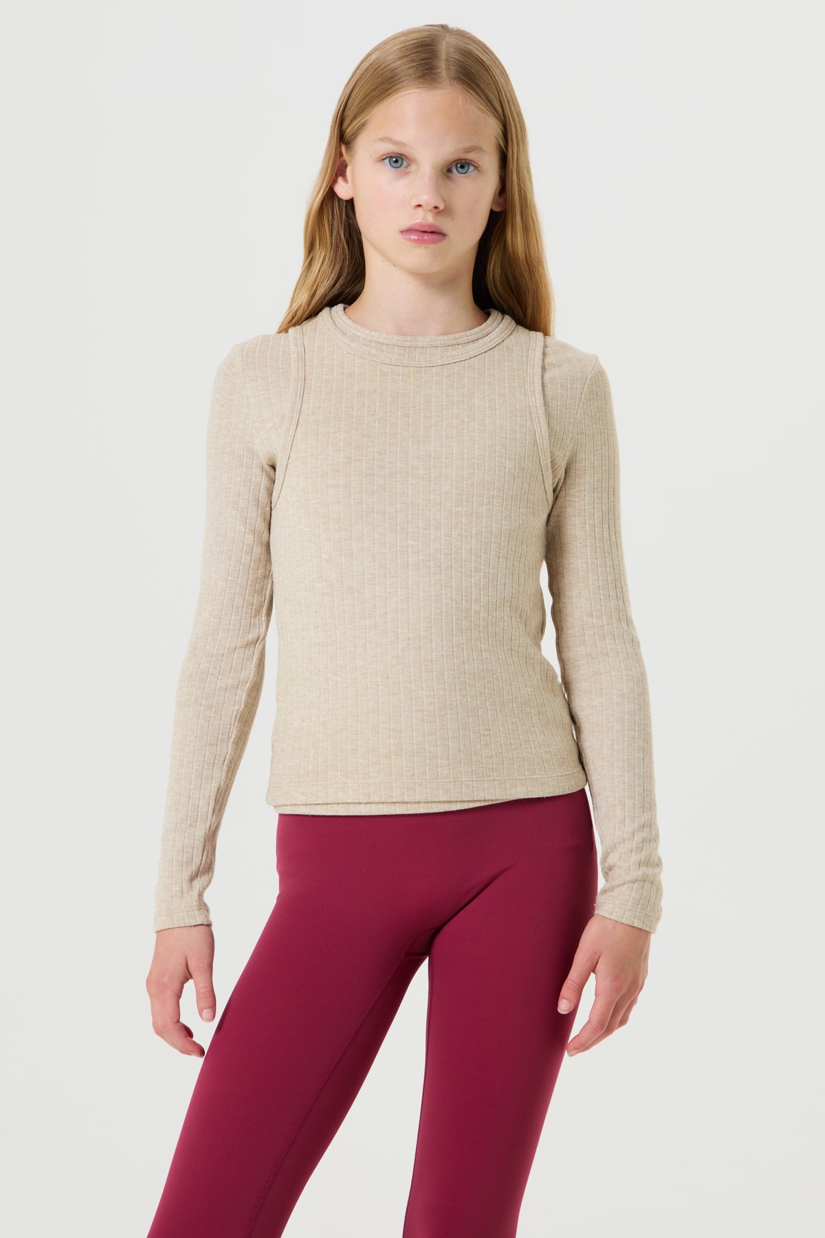 Double Layer Soft Ribbed Top- Light Beige - Older Girls