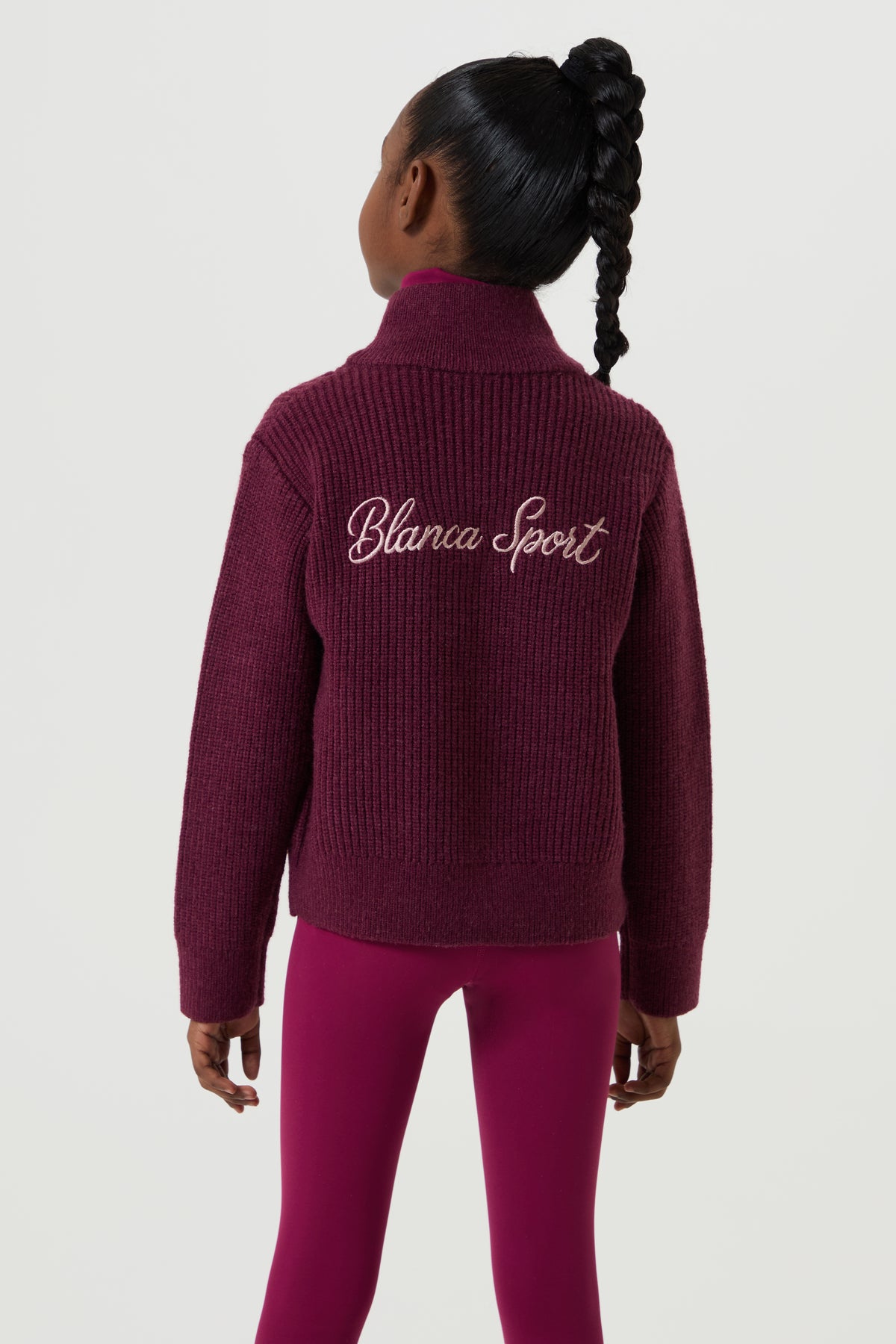Full Zip Funnel Neck Knit Jacket- Plum - Younger Girls