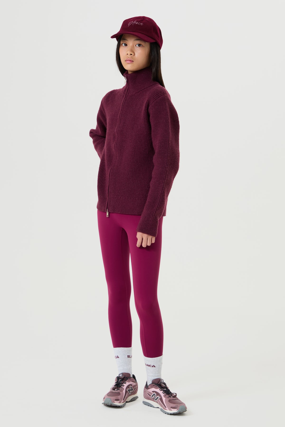 Full Zip Funnel Neck Knit Jacket- Plum - Older Girls