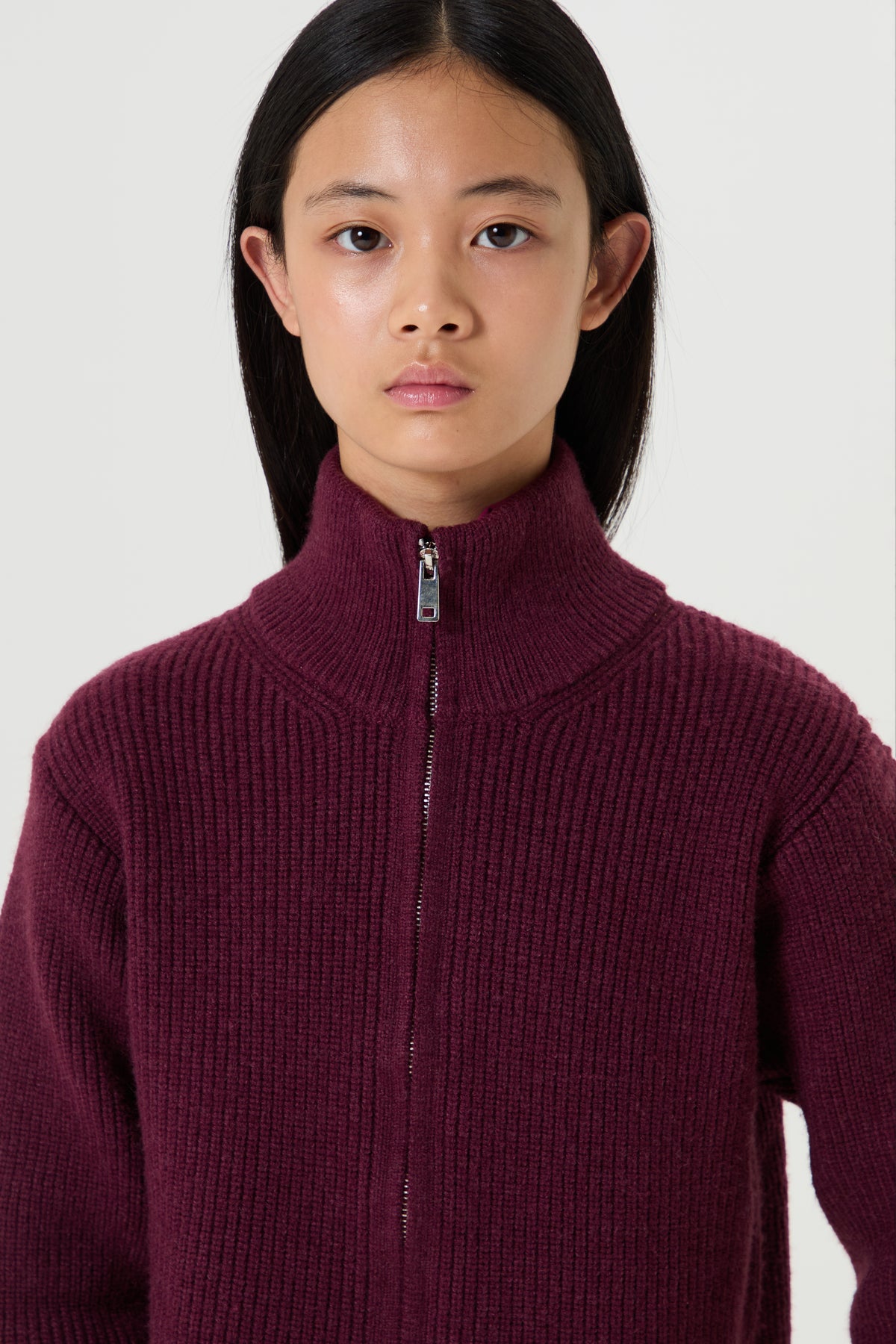 Full Zip Funnel Neck Knit Jacket- Plum - Older Girls