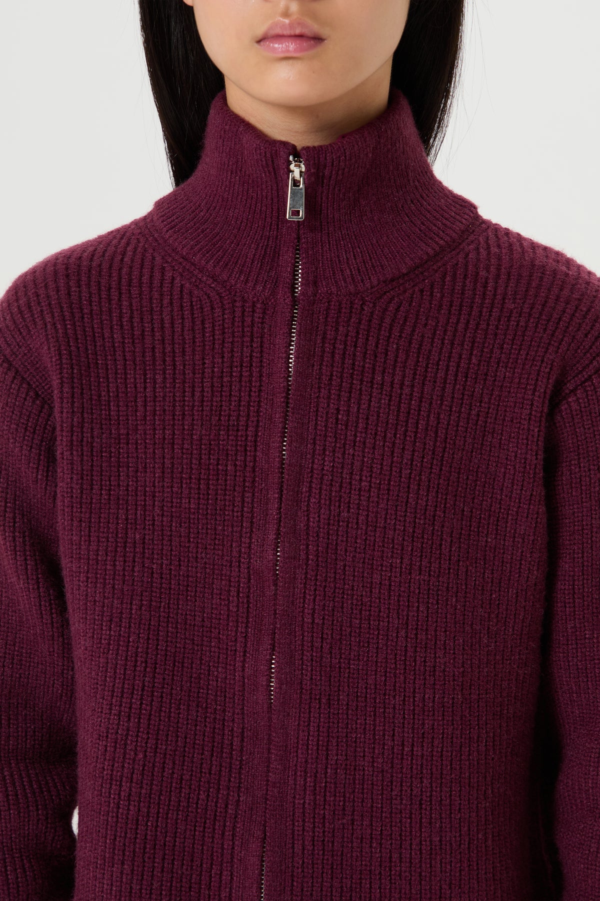 Full Zip Funnel Neck Knit Jacket- Plum - Older Girls