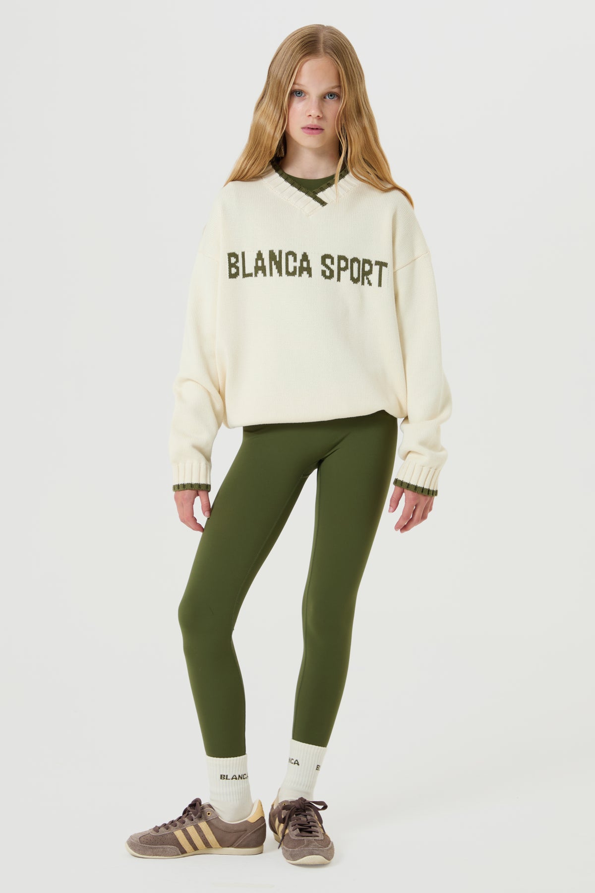 Oversized Knit V Neck Sweatshirt- Cream, Moss Green - Older Girls