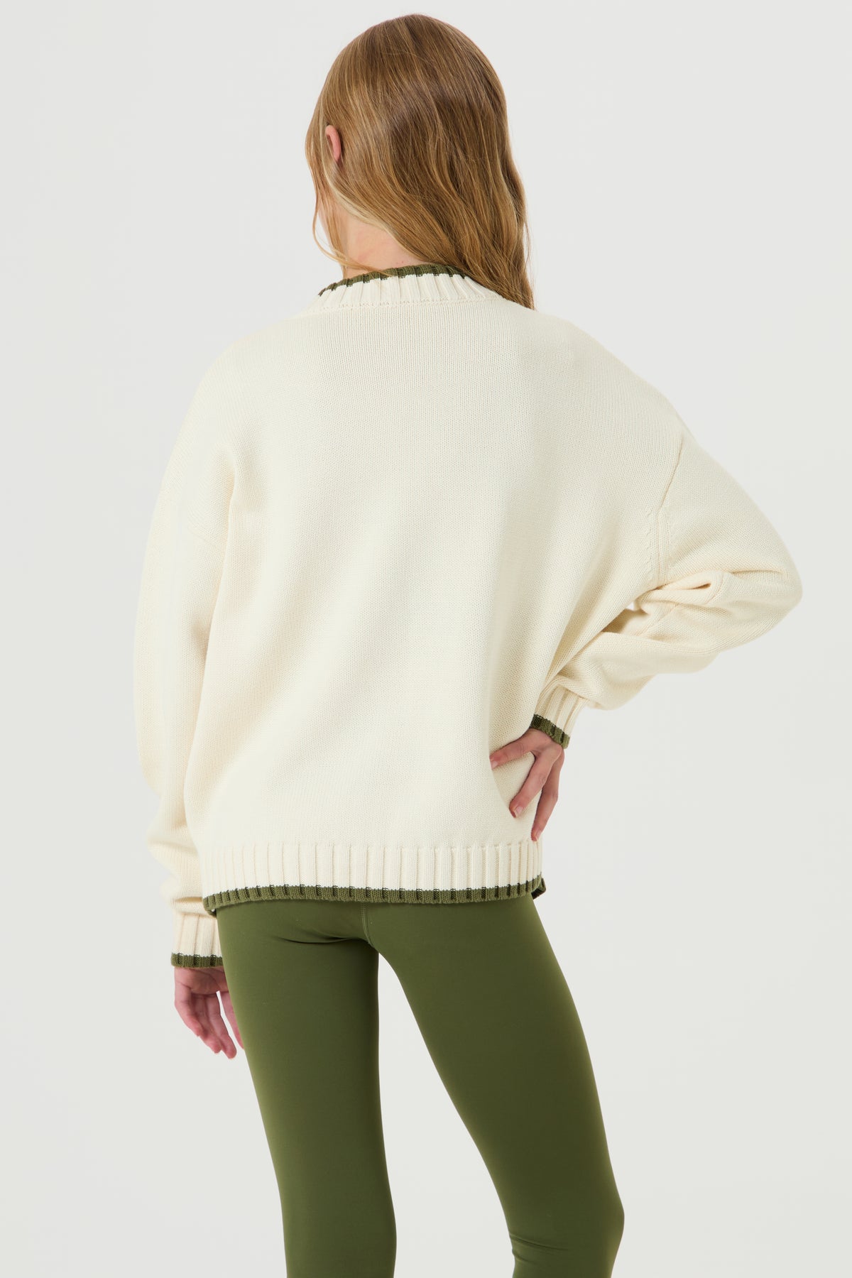Oversized Knit V Neck Sweatshirt- Cream, Moss Green - Older Girls