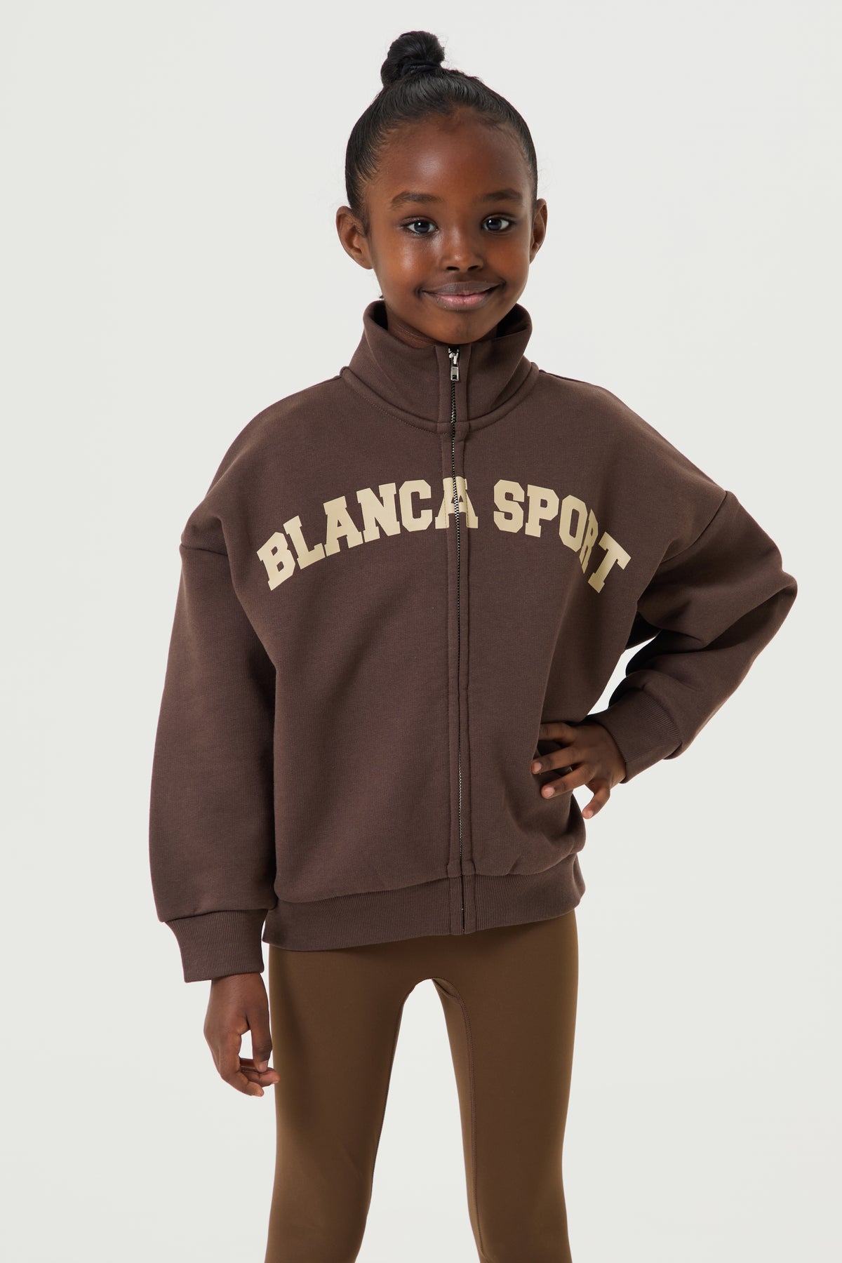 Oversized Full Zip Funnel Neck Sweatshirt- Chocolate Brown - Younger Girls