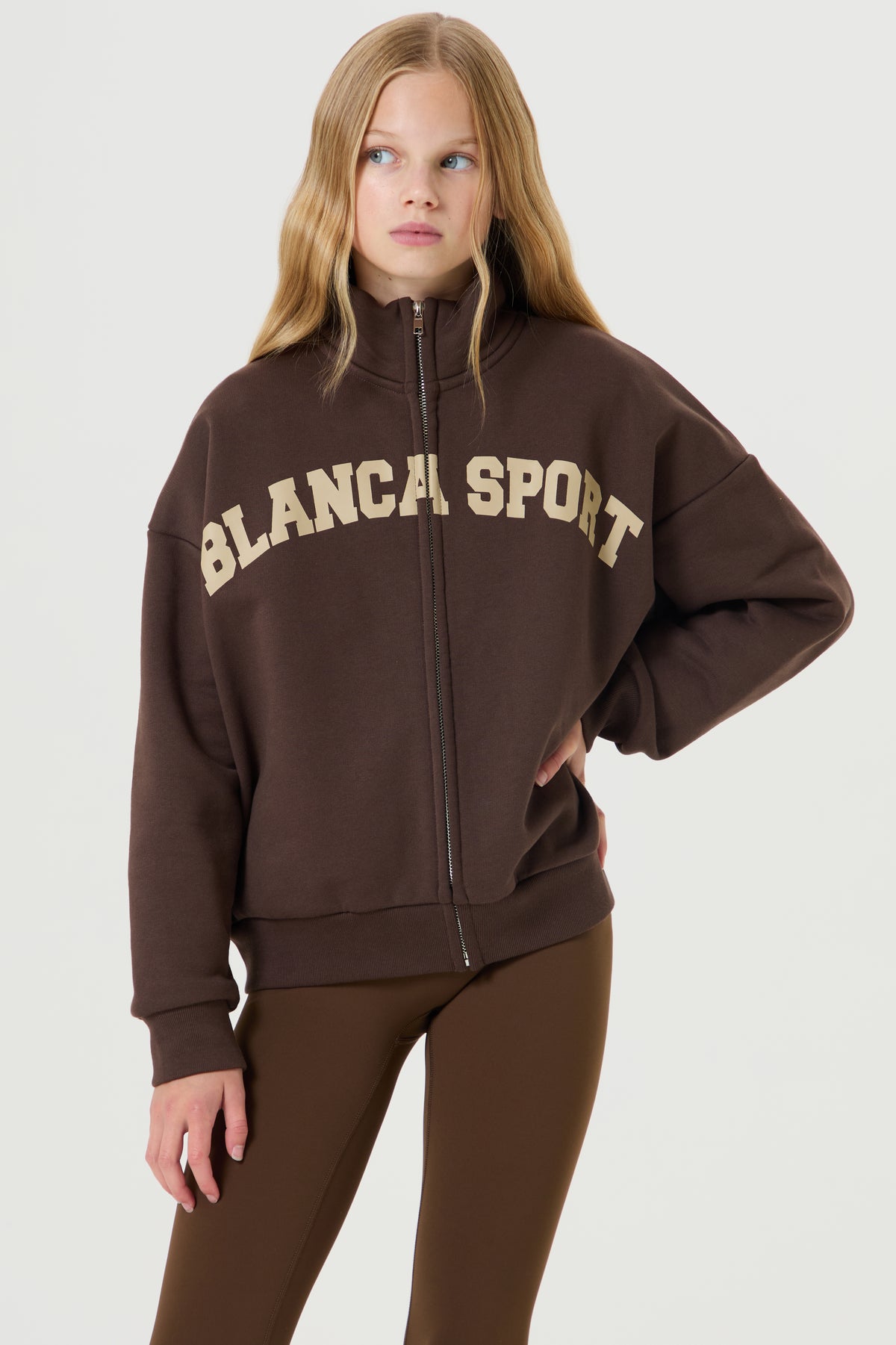 Oversized Full Zip Funnel Neck Sweatshirt- Chocolate Brown - Older Girls