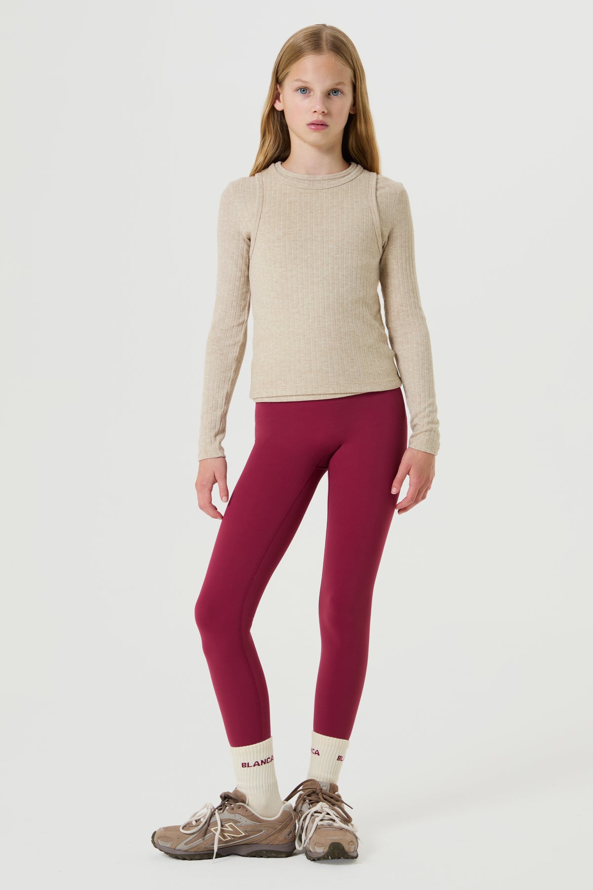 Double Layer Soft Ribbed Top- Light Beige - Older Girls