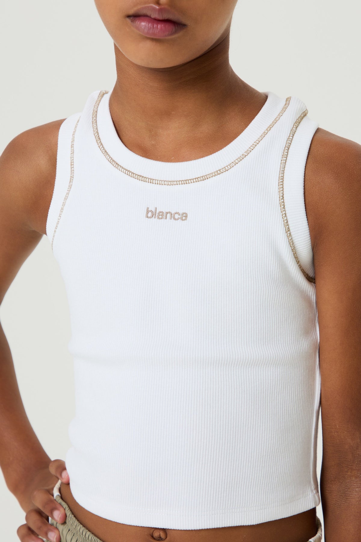White Ribbed Vest- Khaki - Younger Girls