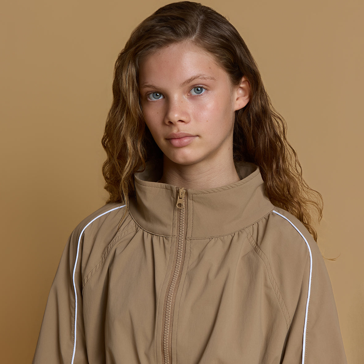 Cropped Windbreaker with Piping- Mocha