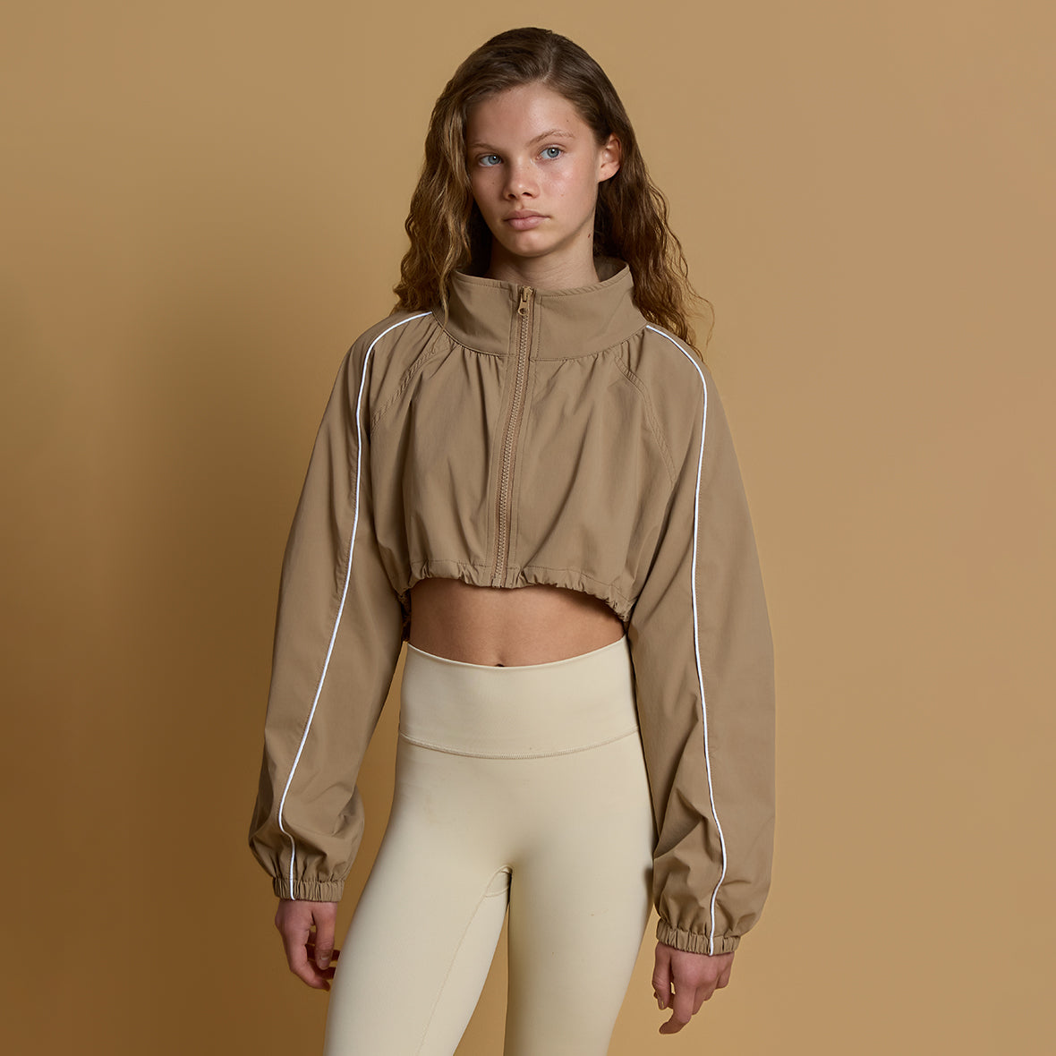 Cropped Windbreaker with Piping- Mocha