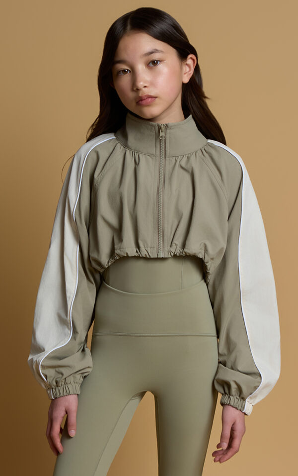 Cropped Windbreaker with Piping- Khaki/Light Beige