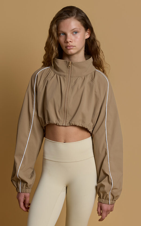 Cropped Windbreaker with Piping- Mocha